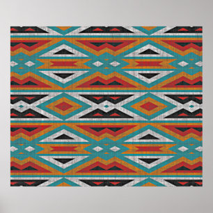 Poster Mosaïque Tribale Turquoise bleue rouge orange