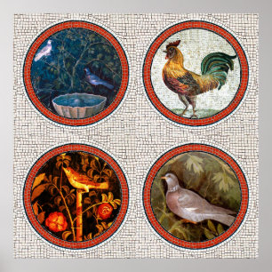 POSTER MOSAÏQUES ROMAINES ANTIQUE / OISEAUX ROSES ET ROOS