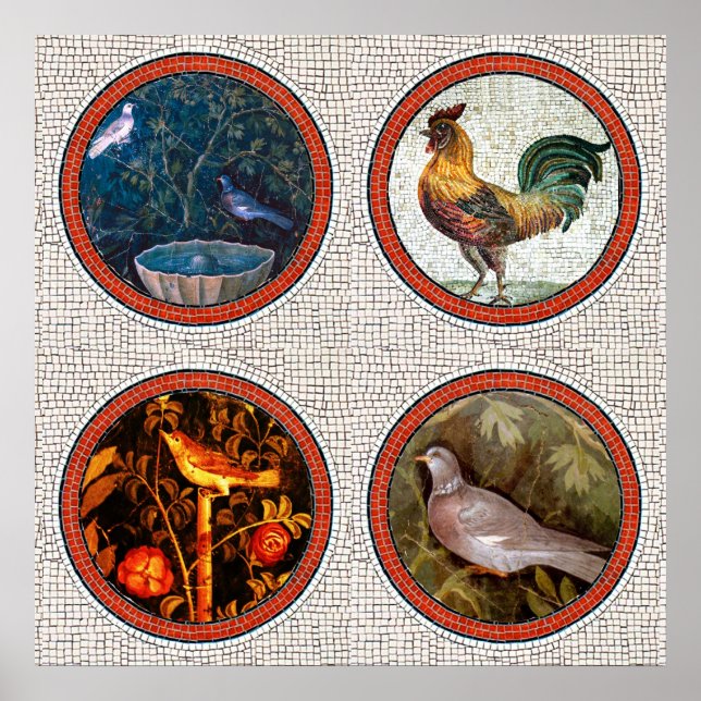 POSTER MOSAÏQUES ROMAINES ANTIQUE / OISEAUX ROSES ET ROOS (Devant)