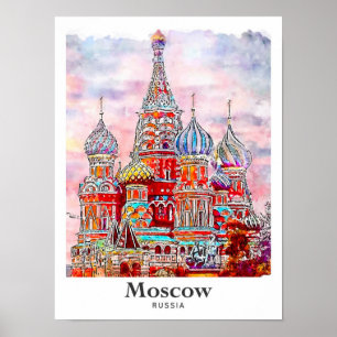 Poster Moscou Russie Danemark Aquarelle main tirée