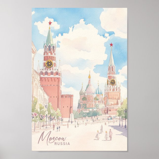 Poster Moscou Russie Gouache Peinture Voyage (Devant)