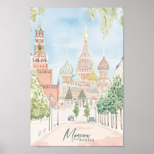 Poster Moscou Russie Gouache Peinture Voyage