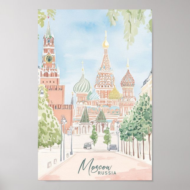 Poster Moscou Russie Gouache Peinture Voyage (Devant)
