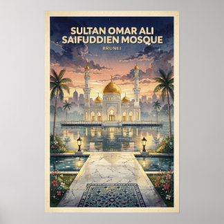Poster Mosquée Sultan Omar Ali Brunei Voyage Rétro