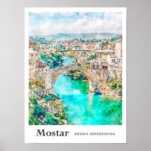 Poster Mostar Bosnie Voyage Aquarelle main tirée