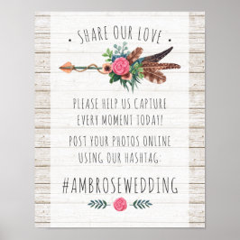 Poster Mot-dièse Rustique Mariage de Flèche Bohême Signe