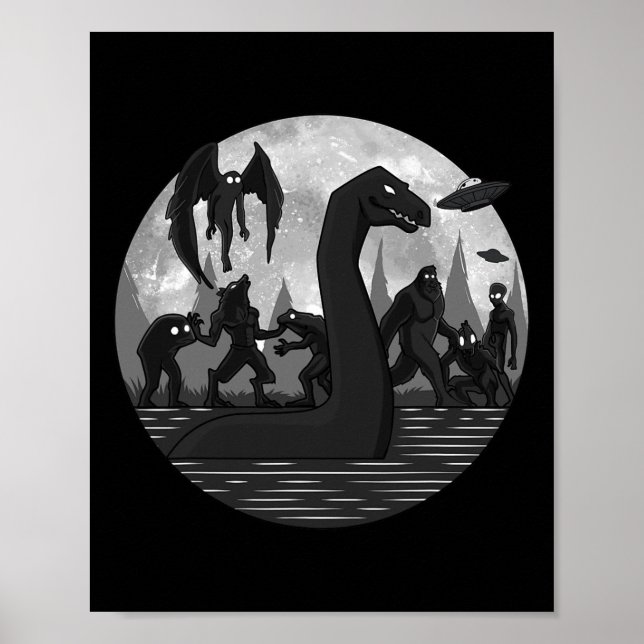 Poster Mothman Bigfoot Loch Ness Monster Aliens UFO Fun C (Devant)