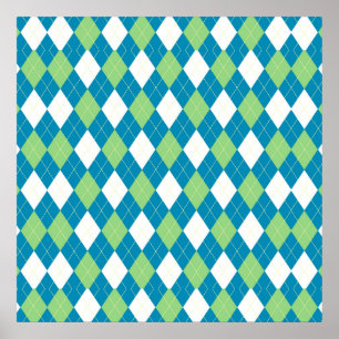 Poster Motif à motifs de losanges vert-bleu et blanc