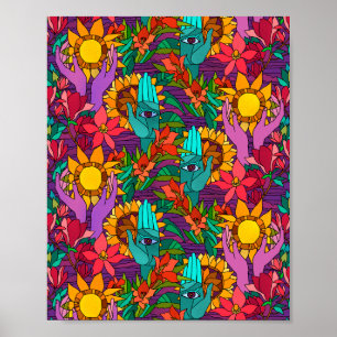 Poster Motif amusant avec des fleurs et des mains