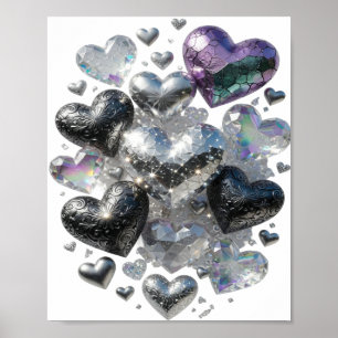 Poster Motif artistique CŒURS ET CRISTAUX en argent chic