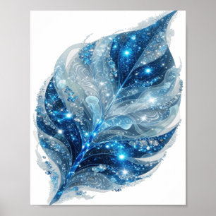 Poster Motif artistique FEUILLE DE GLACE BLEUE argentée