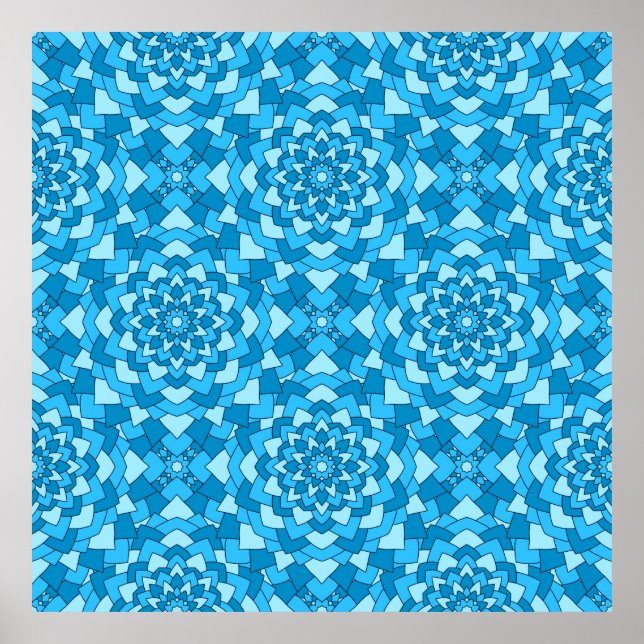 Poster Motif bleu turquoise à fleurs géométriques sans so (Devant)