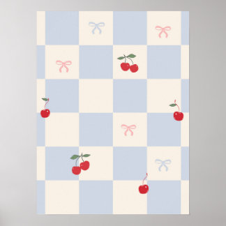 Poster Motif carreaux bleus avec cerises