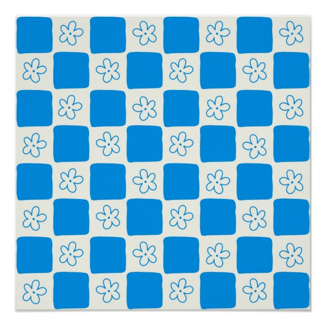 Poster Motif carreaux fleur bleue Prépa (Devant)