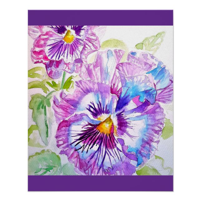 Poster Motif d'aquarelle Pansy sur panneaux bleu violet (Devant)