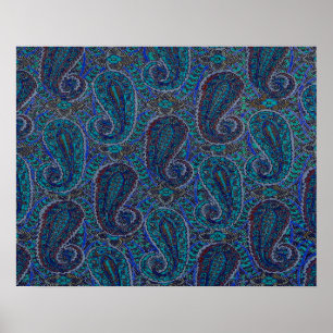 Poster Motif d'art boho indien bleu Paisley