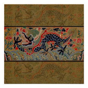 Poster Motif de broderie en soie de dragon chinois antiqu