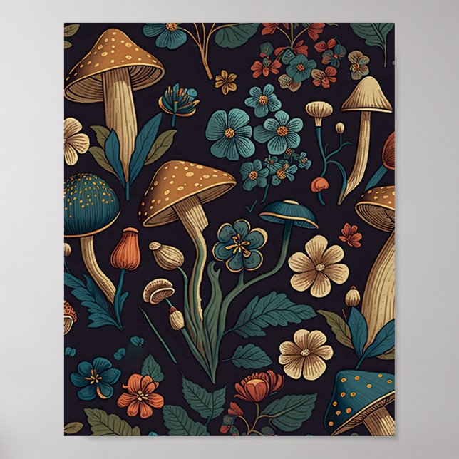 Poster Motif de champignons et de fleurs 1 (Devant)