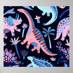 Poster Motif de dinosaures de bande dessinée mignon.