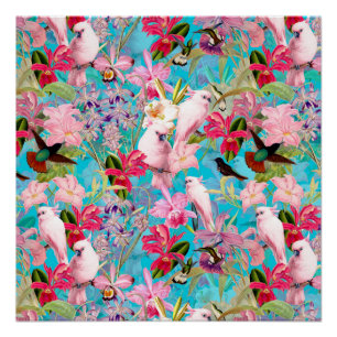 Poster Motif De Fleur D'Oiseau Et D'Orchidées Rose Tropic