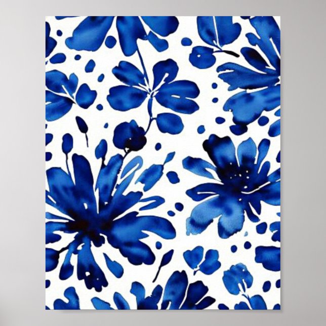 Poster Motif de fleurs bleu marine (Devant)