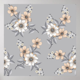 Poster motif de fleurs grises et blanches sur fond gris