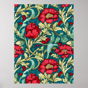 Poster Motif de fleurs rouges inspiré de William Morris