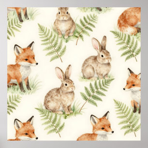 Poster Motif de forêt de renard et de lapin à l'aquarelle