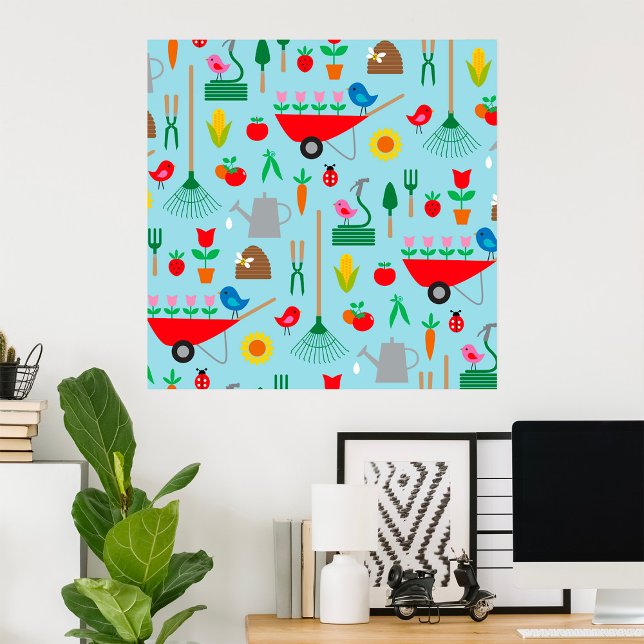 Poster Motif de jardin Fleurs printanières et outils de j (Créateur téléchargé)