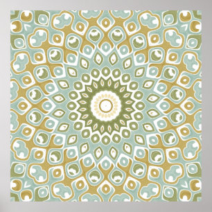 Poster Motif de mandala géométrique doux de sauge et d'or