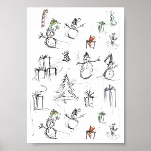 Poster Motif de Noël mignon avec Snowman, Tree et Gif