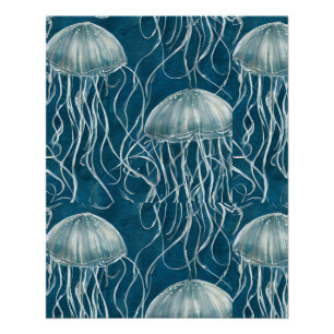 Poster Motif de poisson marine bleu et blanc gelée