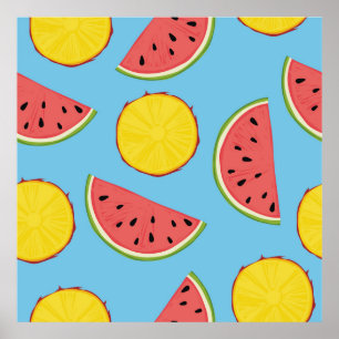 Poster Motif d'été avec ananas et pastèque, ba