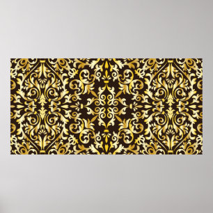 Poster Motif doré baroque sans couture sur fond noir