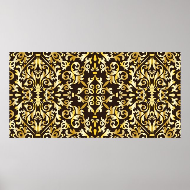 Poster Motif doré baroque sans couture sur fond noir (Devant)