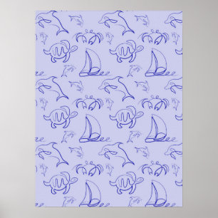 Poster Motif d'une ligne d'animal marin et voilier