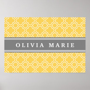 Poster Motif élégant à Quatrefoil Jaune avec nom