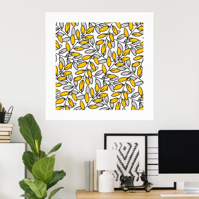 Poster Motif Feuille gris-jaune dessiné à la main (Bureau à domicile)