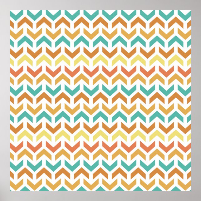 Poster Motif Flèches Chevron Rétro Orange Turquoise Or (Devant)