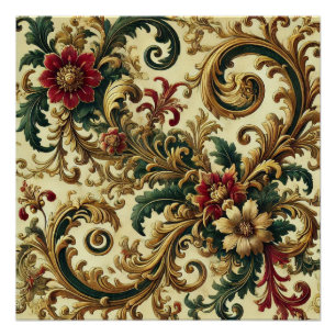 Poster Motif floral baroque avec or, rouge, vert A