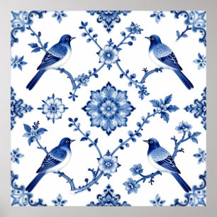 Poster Motif floral d'oiseaux en chinoiserie bleue