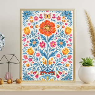 Poster Motif floral folklorique coloré avec papillon