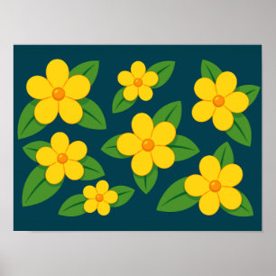 Poster Motif floral jaune vif avec feuilles vertes