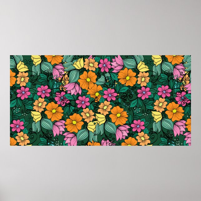 Poster motif floral lumineux sur fond vert. Vinta (Devant)