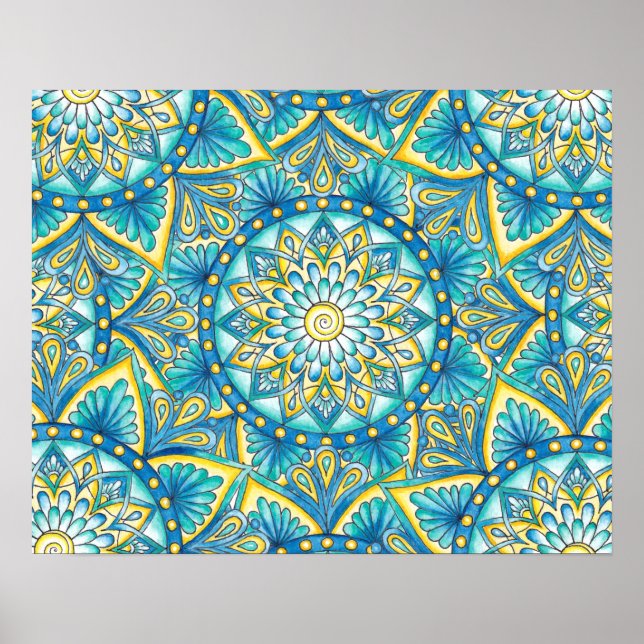 Poster Motif floral Mandala jaune bleu turquoise (Devant)