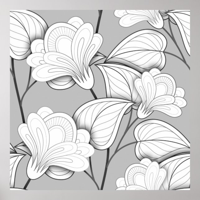 Poster Motif Floral Monochrome Sans Seamless. Flo tiré à  (Devant)