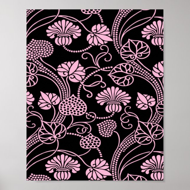 Poster Motif floral rétro rose sur noir (Devant)