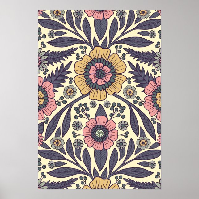 Poster Motif Floral rose et bleu sans joint (Devant)