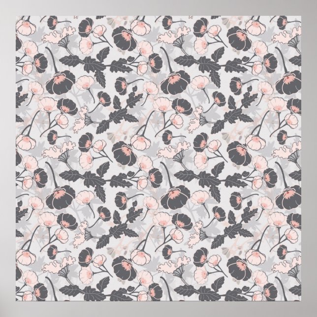 Poster Motif floral rose gris féminin (Devant)