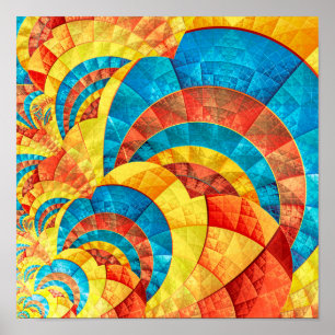Poster Motif fractal bleu, jaune et orange